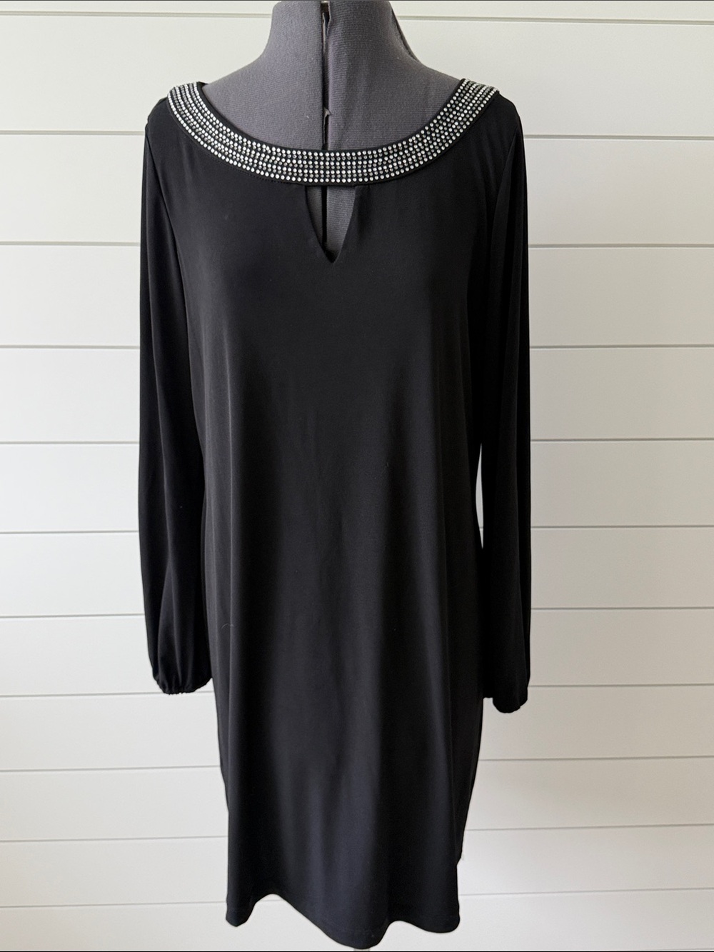 Calvin Klein Black Long-Sleeve Shift Dress with Beaded Neckline size 12